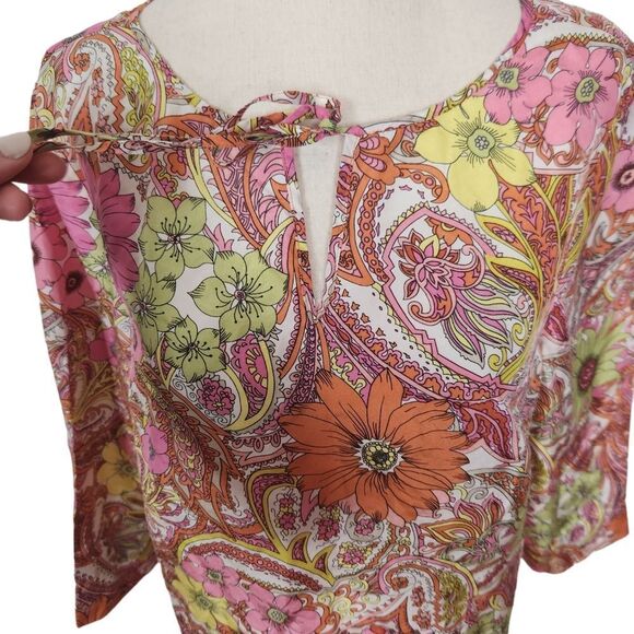 Talbots Pink Colorful Floral Retro Print Silk Blouse Top Small - Picture 4 of 9